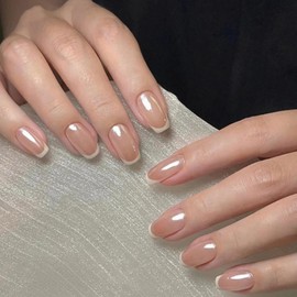 BABALAL Press on Nails Short Fake Nails White French Tip with Glue Square 24Pcs Nude Stick on Bling Glitter Artificial Acrylic False Nails Supplies Decoration