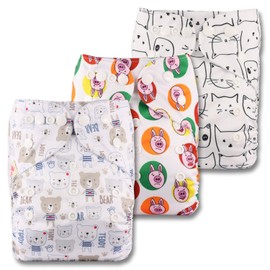 Littles & Bloomz, Reusable Pocket Cloth Nappy, Fastener: Popper, Set of 3, Patterns 326, with 6 Bamboo Inserts