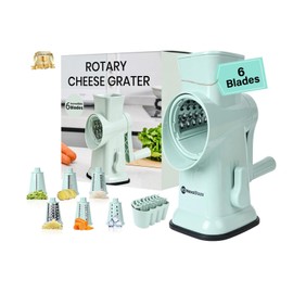 NexoBlaze 6 in 1 Rotary Cheese Grater Hand Crank with 6 Stainless Steel Blades, Cheese Shredder with Reinforced Suction Base, Grater For Cheese, Vegetables, Nuts and Ice, Easy to Clean