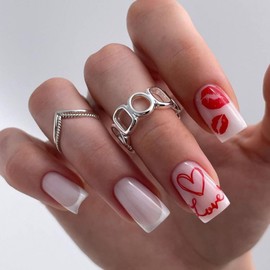 White French Tip Press on Nails Valentine's Day Fake Nails Full Cover Square Shaped Acrylic Nails with Red Lip Love Heart Design Glossy Medium Length False Nails Nude Glue on Nails for Women Girls