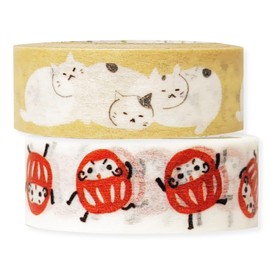 シール堂 Japanese Made Masking Tape Daily Paper Tape 2-roll Set Cat Daruma 16.4 ft (5 m) Roll Shinzi Katoh ks-wt-20023