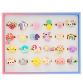 TPIVG Little Girl Adjustable Size Jewelry Rings in Box, Kids Pretend Play and Dress Up Flash Rings, Daughter's Gift, No duplication 24 Jewel Rings