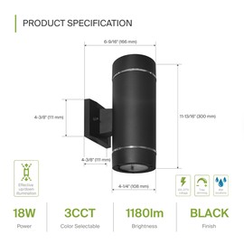 ASD 2 Light LED Indoor & Outdoor Wall Light Fixture | 18W 1180LM 3000K-5000K 100-277V Cylinder Up Down Lights | Dimmable Exterior Wall Sconce | Front Door, Porch, Patio | Ringed Black, ETL