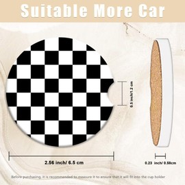 2 Pack Black White Checkered Car Coasters for Cup Holders, Ceramic Car Cup Holder Coaster for Car, Absorbent Car Cup Coasters with Cork Base Car Interior Accessories for Women Men
