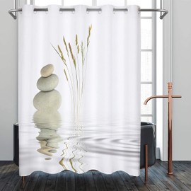 Spa Rock Scenic Ringless Zen Bamboo Shower Curtain Heavy Weighted Bathroom Curtains Waterproof Polyester Fabric Bathroom Art Decor Set 72x72 Inches