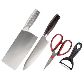 BambooMN High Carbon, Rust Resistant, Stainless Steel Chef Knife, Meat Cleaver, Kitchen Shears, and Swiss Style Fruit/Vegetable Peeler - 4 Piece Heavy Duty Kitchen Set for Cooking