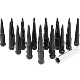 Wheel Accessories Parts Set of 32 Black Spiked Solid Metal Lug Nuts M14x1.5 Thread 4.4 Inch Tall Closed End Bulge Acorn Spike Lug Nut 1 Long Socket Key