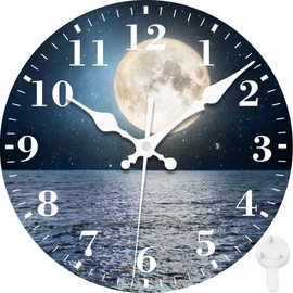 VURQLHE Wall Clocks Battery Operated, Full Moon Over The Sea Silent Non Ticking Decorative Indoor Outdoor Wall Clocks for Living Room Kitchen Bedroom Bathroom 12"