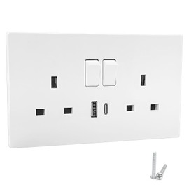 Electrical Double Switched Power Wall Plug Socket with Two USB Charging Ports, White Moulded, 13A, 20W USB C, White
