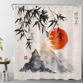 LB Ancient Japanese Chinese Ink Painting Bamboo Mountain Sunset Shower Curtain for Bathroom, Oriental Bath Curtain,Fabric Decor Curtain, 70 x 70