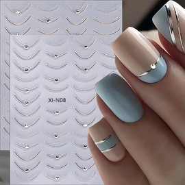 French Tip Nail Stickers Metallic Line Nail Decals 5D Embossed Crystal Diamond Design French Nail Art Design Adhesive French Manicure Slider Nail Art Stickers for Women DIY Nail Art Decorations 2PCS