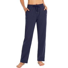SANTINY Women's Cotton Sweatpants Yoga Lounge Casual Pants Open Bottom Sweat Pants for Women with Pockets (Navy_S)