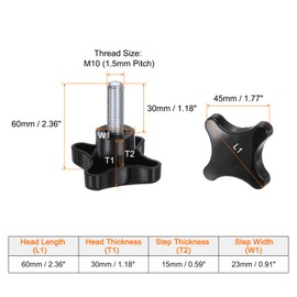 QUARKZMAN Pack of 2 Knurled Screws with Cross Handle M10 x 30 mm Star Grip Screw Plastic Knob Galvanised Carbon Steel Thread Clamping Screw Star Grip Nut Clamping Knob for Machine