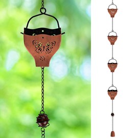 MeyRolizn Rain Chains for Gutters Downspouts, 7.2FT Metal Rain Chains with 8 Butterfly Decor Rain Collector Cups, Rainwater Catcher Chain with Bell for Outside Decor (Vintage Copper)