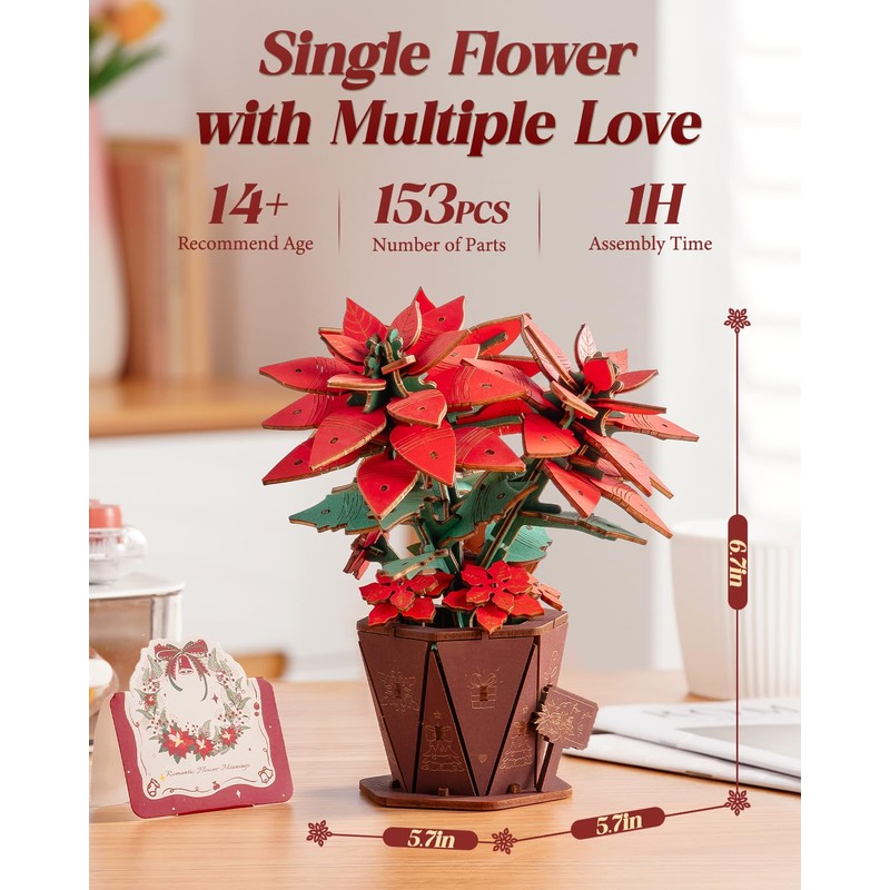 ROBOTIME 3D Puzzle Wooden Poinsettia, Artificial Flower Model Kit for