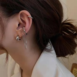Fanquility 4Pcs Ear Cuff Earrings for Women Trendy Non Piercing Ear Cuff with Chain Clip on Cartilage Earring Jewelry Set for Women （Style2-Silver）