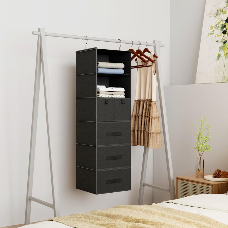 Bosuelife 6-Shelves Hanging Closet Organizer with 5 Different Drawers, Foldable