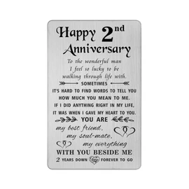 TANWIH 2nd Anniversary Card Gifts for Husband, Happy 2 Second Year Wedding Anniversary Cards for Him Men, Engraved Metal Wallet Insert