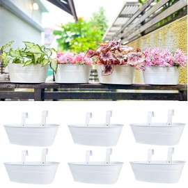 LaLaGreen Outdoor Plants Rail Planter (6 Pack, 15 Inch) White Metal Iron Hanging Flower Pot Deck Railing Fence Bucket Modern Boho Style Wall Mount Window Box Plant Holder Hooks Porch Herb Garden Decor