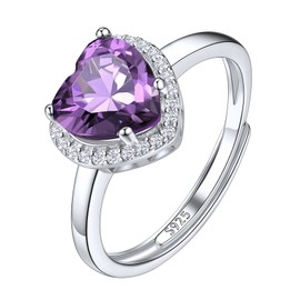 Suplight Sterling Silver Heart Ring Adjustable Amethyst February Birthstone Frings for Women