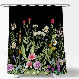 Black Herb Floral Shower Curtain Green Nature Plants Wildflower Herb Floral Spring Lavender Pink Wisteria Blossom Vintage Farmhouse Botanical Rustic Garden Fabric Bath Curtain with Hook