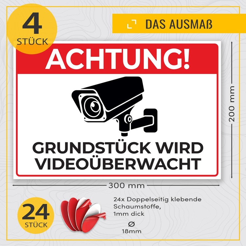 Achtung Videoüberwachung Sign – 5 mm Thick – 30 x