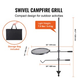 Happybuy Swivel Campfire Grill, Heavy Duty Steel Fire Pit Grate, 360° Adjustable Outdoor BBQ Cooking Rack, Portable Campfire Grill for Camping, Hiking, Picnic, Fire Pit Cooking Equipment