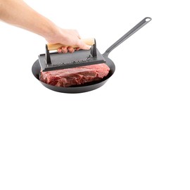 Restaurantware-7.9 x 3.9 x 2.8 Inch Bacon Press, 1 Heavy-Weight Burger Press - With Wooden Handle, Enamel Coating, Black Cast Iron Grill Weight, Textured Bottom, For Steak, Panini, And Grilled Cheese