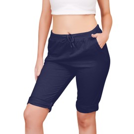 Love My Fashions® Women's 3/4 Plain Italian Shorts Ladies Drawstring Open Ankle Knee-Length Sportswear Stretchy Cotton Jogging Bottoms with Pockets in Sizes Navy Blue