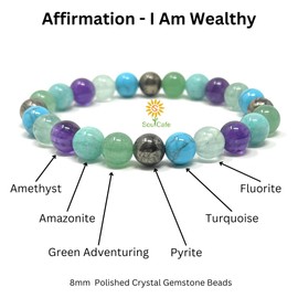 I Am Wealthy - Affirmation Crystal Gemstone Bead Bracelet - Law of Attraction Crystals - Soul Cafe Gift Box & Tag