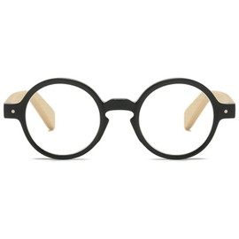 ABETOS Round Wood Look Reading Glasses for Men Women Spring Hinges Retro Fashion Wood Readers with Bamboo Temples, Black+2.0