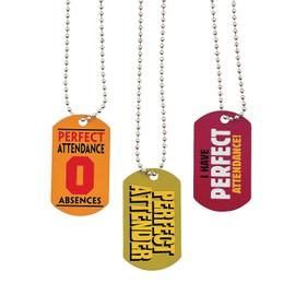 Perfect Attendance Metal Dog Tag Necklaces - 12 Pieces - Student Rewards and Classroom Supplies