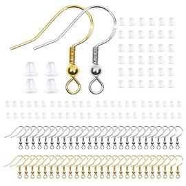 CUHZA Pack of 200 925 Silver-Plated Earring Hooks Hypoallergenic Ear Hooks for Making DIY Earrings with Transparent Earring Safety Back and Jump Rings (Silver and Gold)