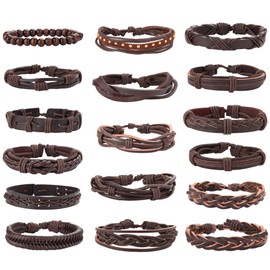 Jstyle 17Pcs Braided Leather Bracelet for Men Women Wooden Beaded Cuff Wrap Bracelet Adjustable Brown
