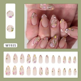Flower Press on Nails Spring Summer Bee Sunflower Acrylic Nails Designs Full Cover Glossy Stick on Nails Colorful Flower False Nails Short Almond Fake Nails for Women Manicure DIY 24Pcs
