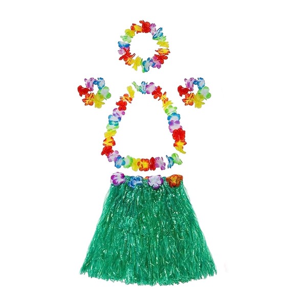 CSDPC 5Pcs Hawaiian Leis Hula Grass Skirt Set, 60 cm Hawaiian Grass Skirt, Hawaiian Garlands Necklace Bracelets, Hawaiian Costume Skirt for Kids Women Summer Beach Tropical Party Decoration (Green)