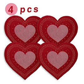 OWENIE - Juego de 4 manteles individuales de corazón para el día de San Valentín, diseño de corazón rojo bordado con lentejuelas y decoración de mesa de boda, 34.29 x 38.1 cm, color rojo