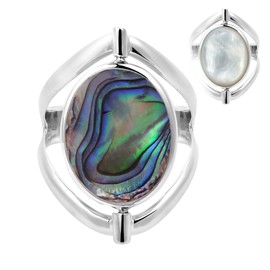 AeraVida Elegant Ocean Iridescence 2-Sided Oval Shaped Abalone & White Mother of Pearl Seashell Flipside Sterling Silver Statement Ring Sizes 5-11 for Unique Fashion & Style