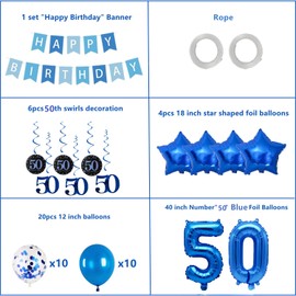 Pargleev 50th Birthday Decorations for Boys Blue, 50th Birthday Balloons with Swirl Decorations Happy Birthday Banner and Star Foil Balloons Confetii Latex Balloons for Party Decorations Blue
