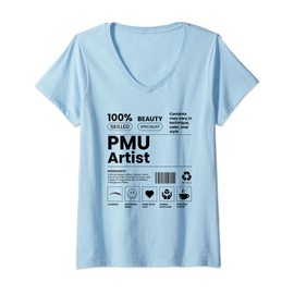 Womens Funny PMU Artist Barcode Permanent MUA, Make Up Brow Artist V-Neck T-Shirt