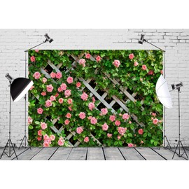 Loccor 5x4ft Fabric Flowers Backdrop Spring Floral Photo Backdrop Green Leaf Grass Fence Photography Background Birthday Party Decoration Wedding Bridal Valentine's Day Banner Photo Studio Props