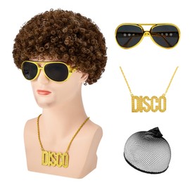 Afro Wig Men 70s Disco Costume - 4pcs Set(Wig+Glasses+Disco Necklace+Wig Cap) Short Brown Curly Natural Synthetic Hair 70s 80s Outfit for Hippies Cosplay Halloween Party
