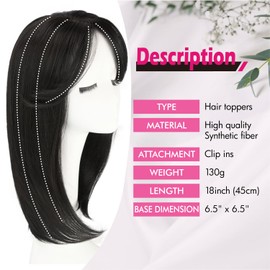 UAmy hair Long Layered Black Hair Toppers for Women 18inches Clip in 6.5 * 6.5inch Big Base Net Synthetic Wiglets Hair Pieces with Curtain Bangs for Ladies with Thinning Hair