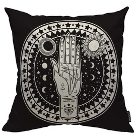 Mugod Fortune Teller Hand Decorative Pillow Case Fate Mystic and Occult Symbols Sun Eye Moon Star Throw Pillow Cover Home Decor Cotton Linen Square Cushion Cover for Couch Bed Sofa 20X20 Inch