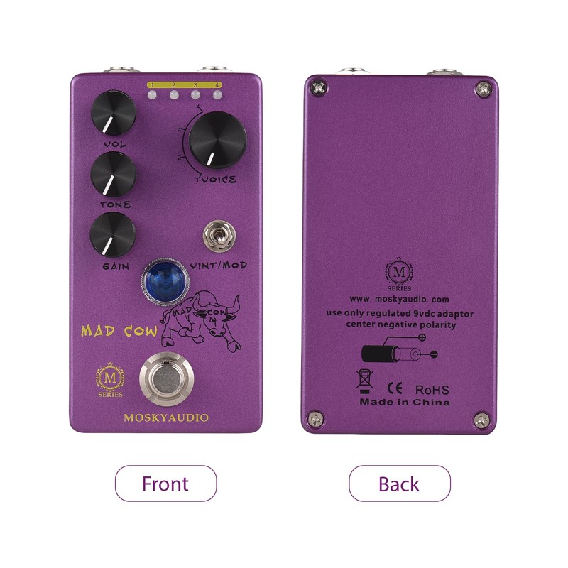 Mingzhe MAD Cow Guitar Distortion Effects Pedal GAIN/VOL/TONE/VINT/MOD/4-Mode Knob DC
