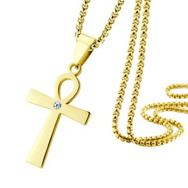 555Jewelry - Collar de Ankh egipcio de 1 mm para hombre, circonita cúbica para mujer, joyería egipcia para mujer, cruz copta, collar egipcio antiguo para mujer, 16-24 pulgadas, 22", Acero inoxidable