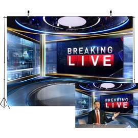 CORFOTO Fabric 7x5ft News Broadcast Backdrop TV Show Newscaster Studio Photography Breaking Media Monitor Equipment Microphone Reporter Interview Stage Video Recording Photocall Background Props…