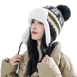 YJZQ Women's Knitted Hat with Faux Fur Bobble Winter Hat Warm Windproof Thickened Ski Hat Double Layer Lined Beanie Hat Faux Fur, black46-48