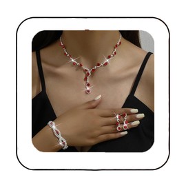 Unicra Bride Wedding Jewelry Sets Crystal Bridal Necklace Bracelet Earrings Set Silver Prom Costume Jewelry Set Rhinestone Choker Necklace for Women and Brides (D-Silver Plated - Red)