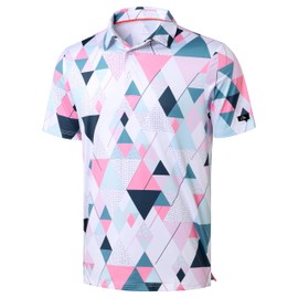 Obla Mens Golf Polo Shirts Short Sleeve Dry Fit Performance Moisture Wicking Casual Print Collared Golf Shirts for Men(White Pink Geometry_XXL)